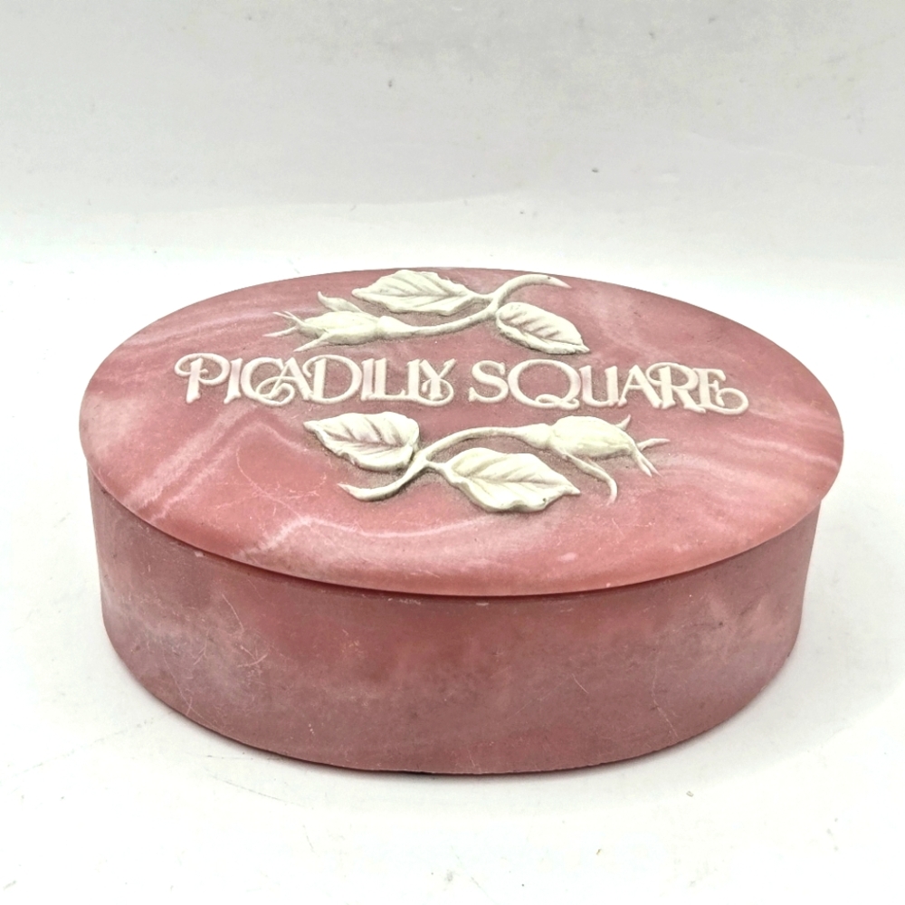 Vintage Design Gifts Incolay Stone Pink Piccadilly Jewelry Trinket Box USA 80s